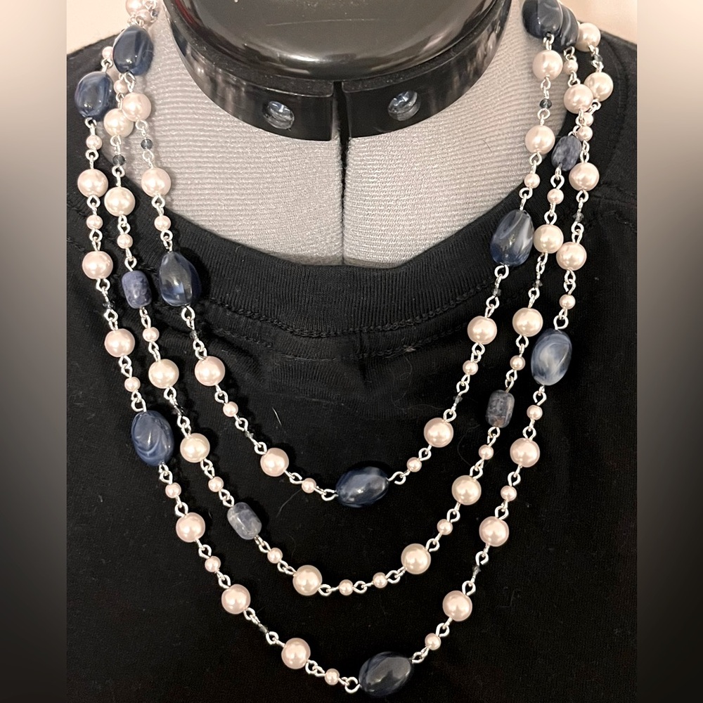 Elegant Blue & Pearl White Layering Necklace.